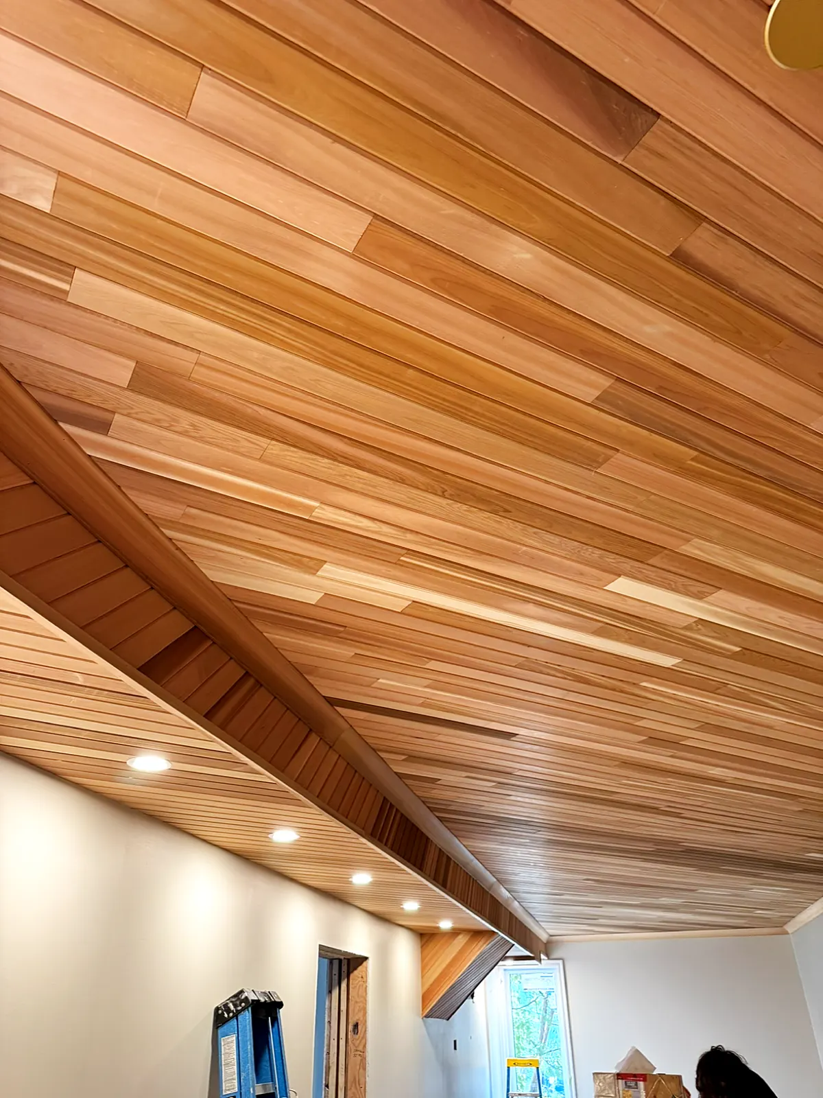 Cedar plank ceiling installed by JP Renovations & Woodworking